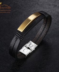 دستبند چرم مردانه/زنانه پلاک استیل گلد