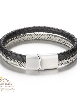 دستبند مردانه دو رشته چرم و استیل لیمادرو مدل BNG789BG